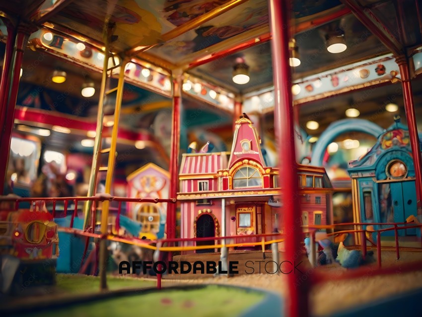 A toy town with a red house and a carousel