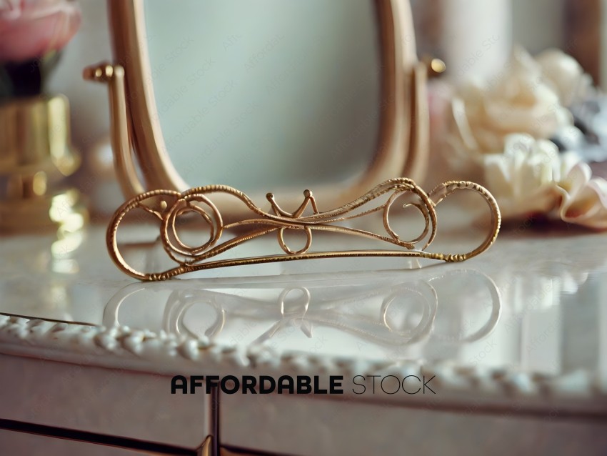 A gold metal headband with a design on it