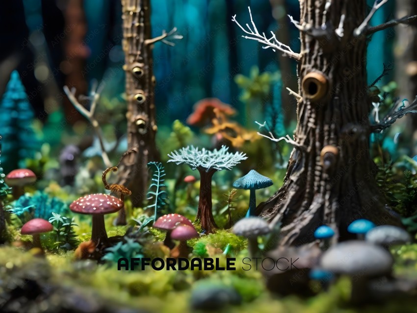 A miniature landscape with mushrooms and trees