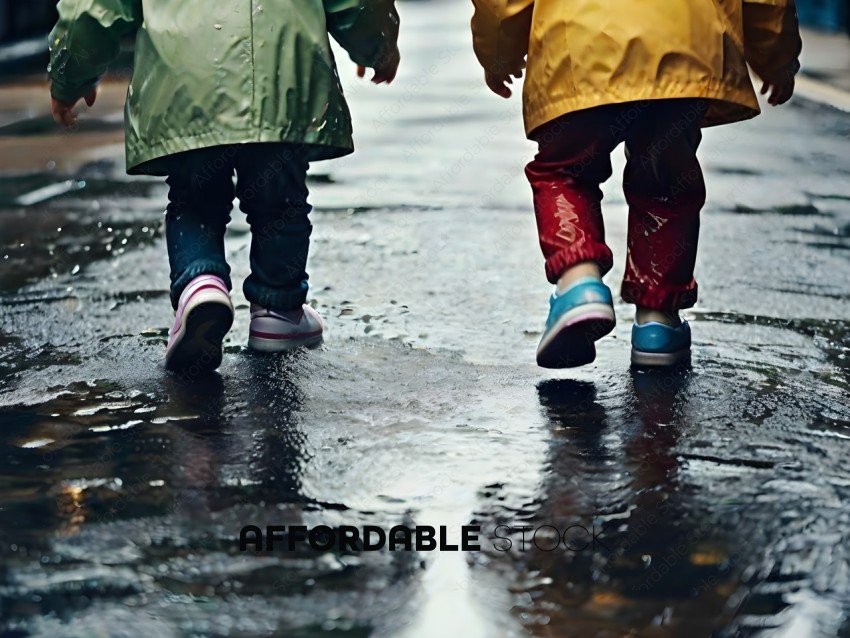 Two children walking in the rain
