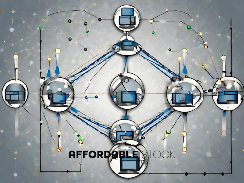 A diagram of a computer network with multiple screens and lines