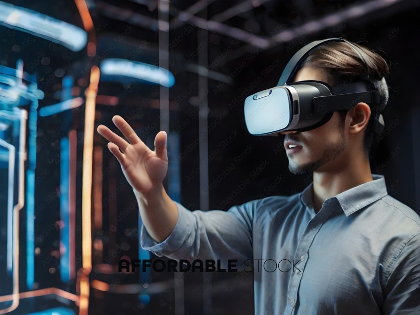 Man wearing a gray shirt and a virtual reality headset