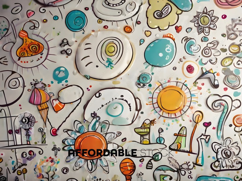A colorful painting of various objects
