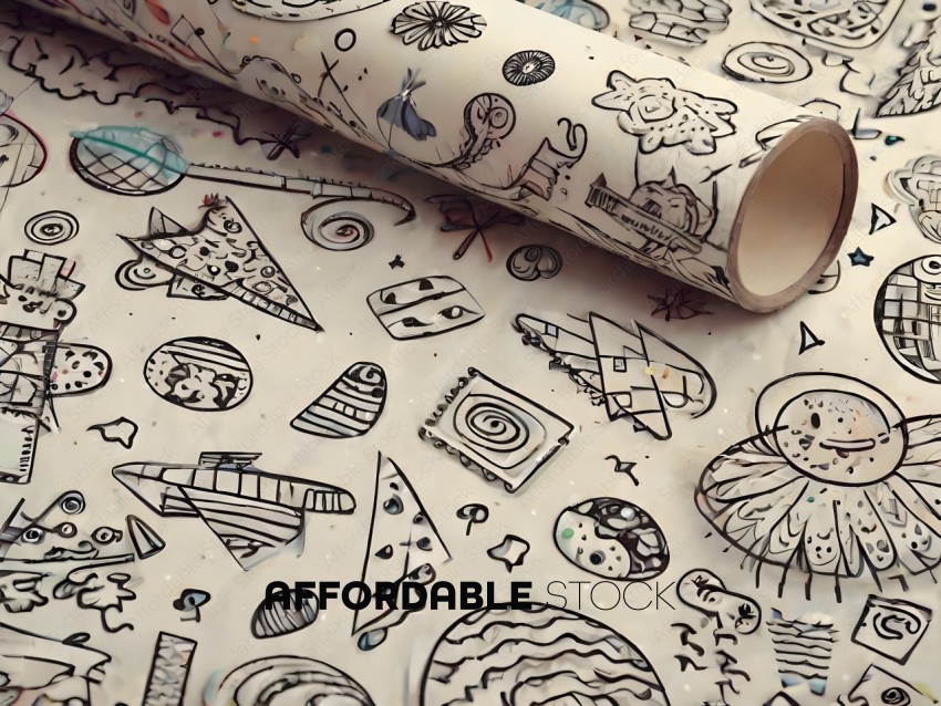 A roll of paper with many drawings on it