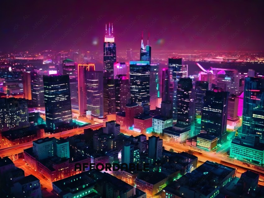 A cityscape at night with a pink skyline