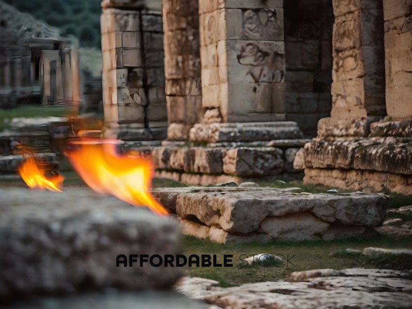 Ancient ruins with a fire in the foreground