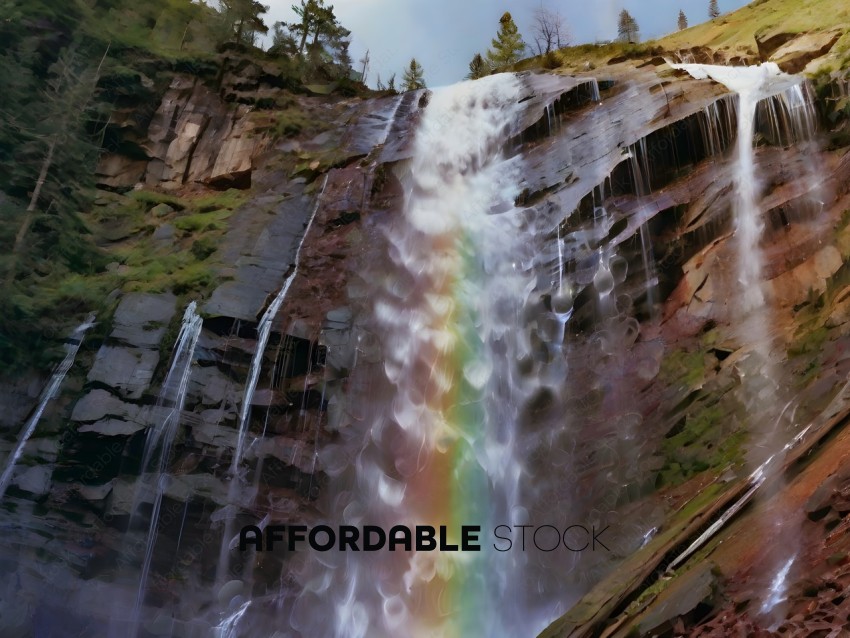 A rainbow waterfall cascades down a rocky cliff