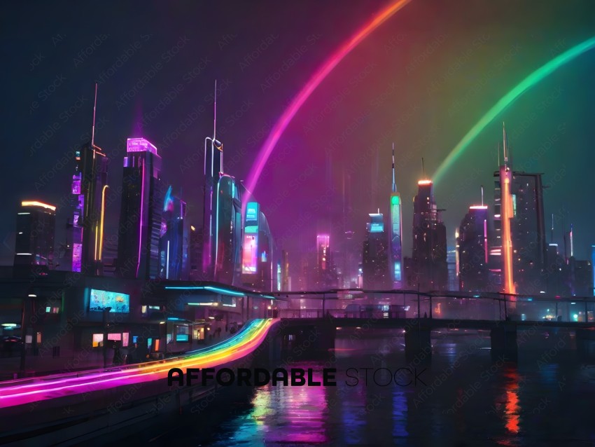 A cityscape with a rainbow colored skyline