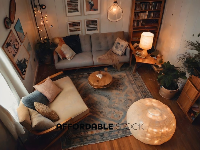A cozy living room with a rug, couch, and lamps