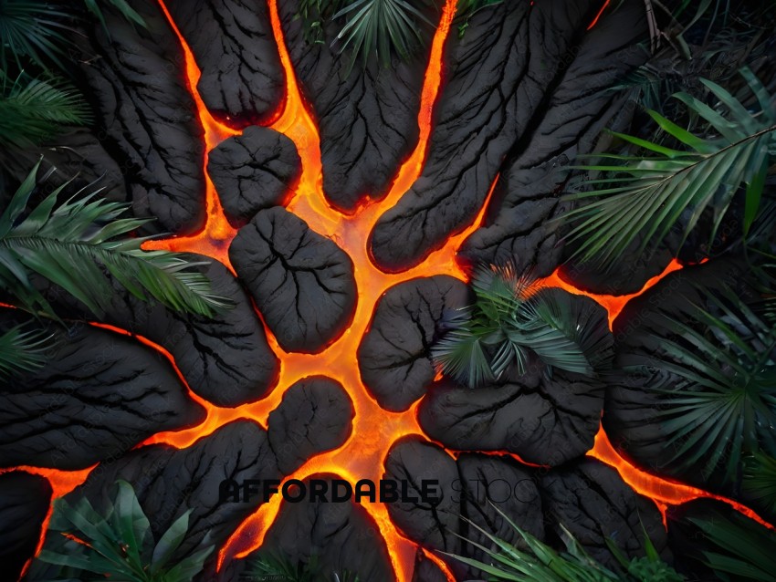 A close up of a lava flow with a tree in the foreground