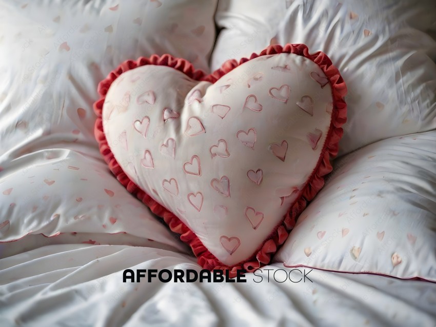 A heart-shaped pillow with pink hearts on it