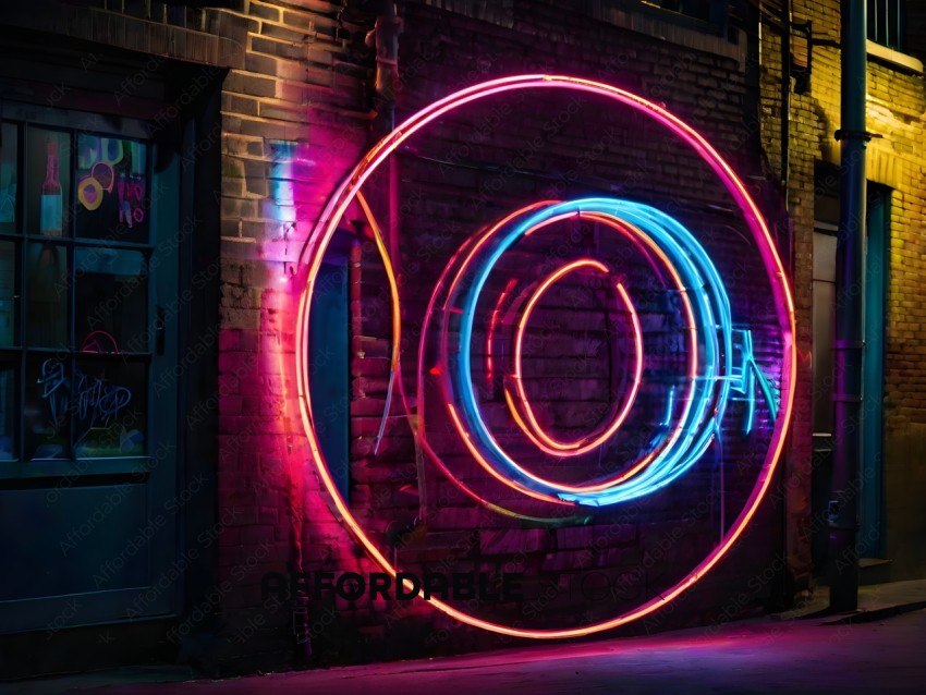 A neon sign with a circle and a blue line