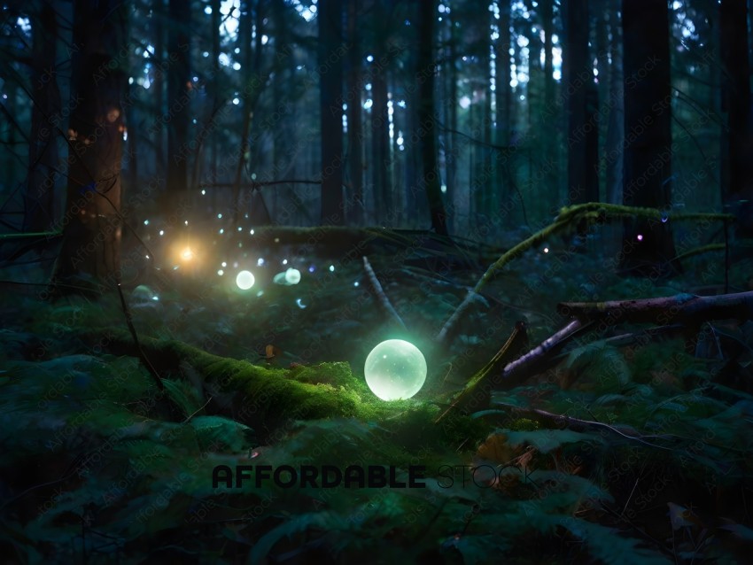 A forest with glowing balls of light