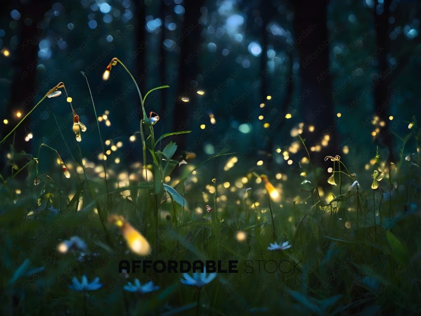 A field of flowers with a light shining on them