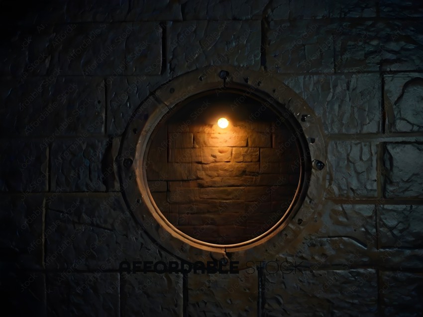 A small light shining through a hole in a brick wall