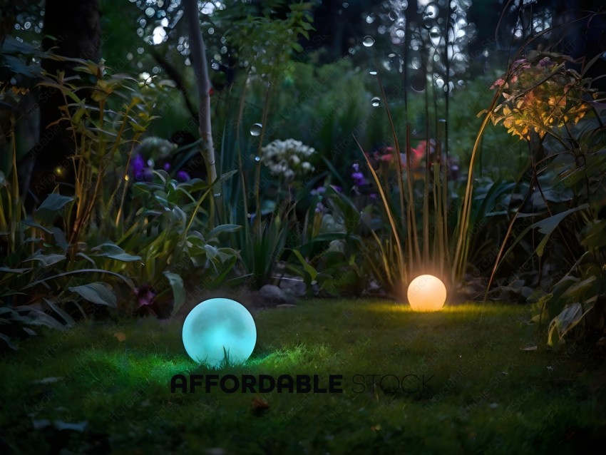 A couple of glowing balls in a garden