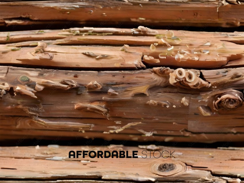 Wooden planks with bark and insect holes