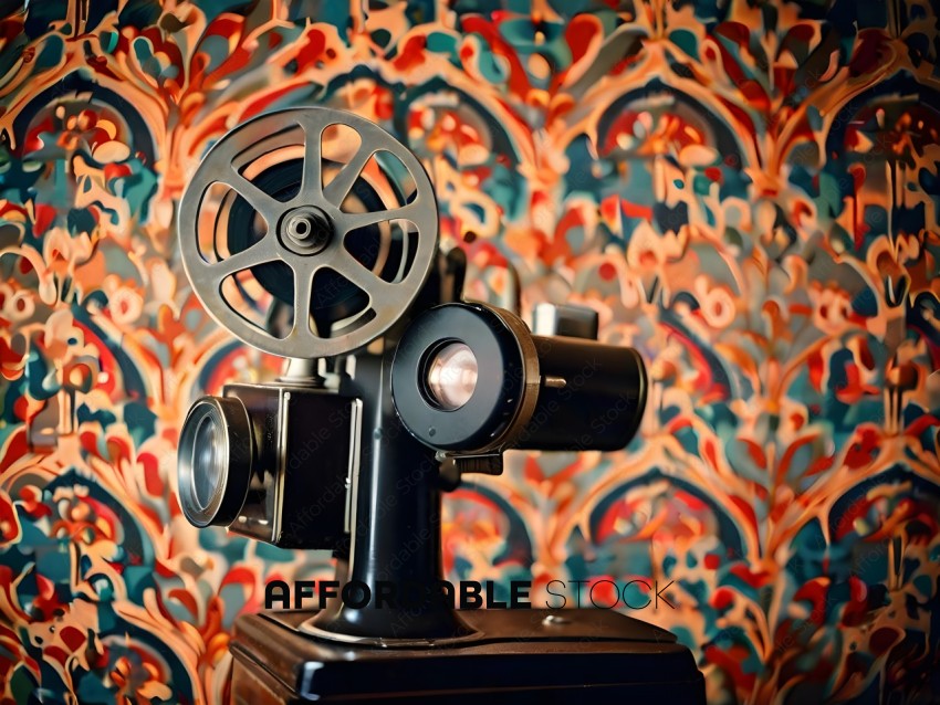 An old fashioned camera with a colorful wallpaper in the background