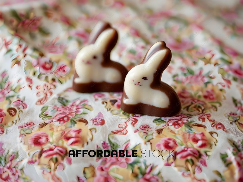 Two chocolate bunny rabbit candies on a floral print cloth