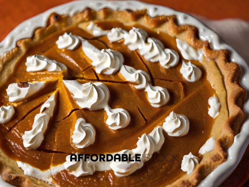 A delicious looking pumpkin pie with whipped cream on top