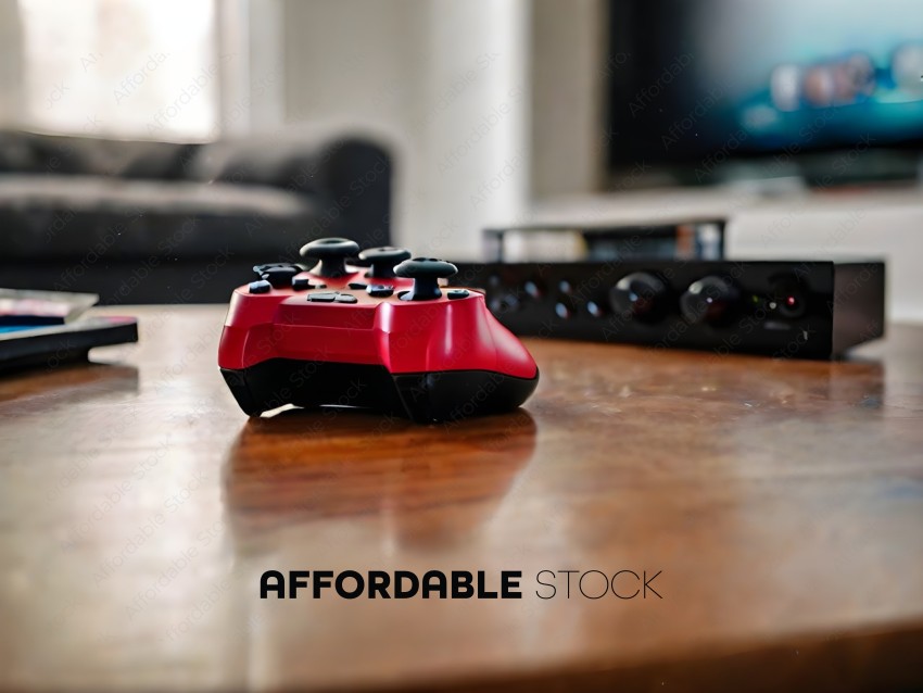 A red and black video game controller on a wooden table