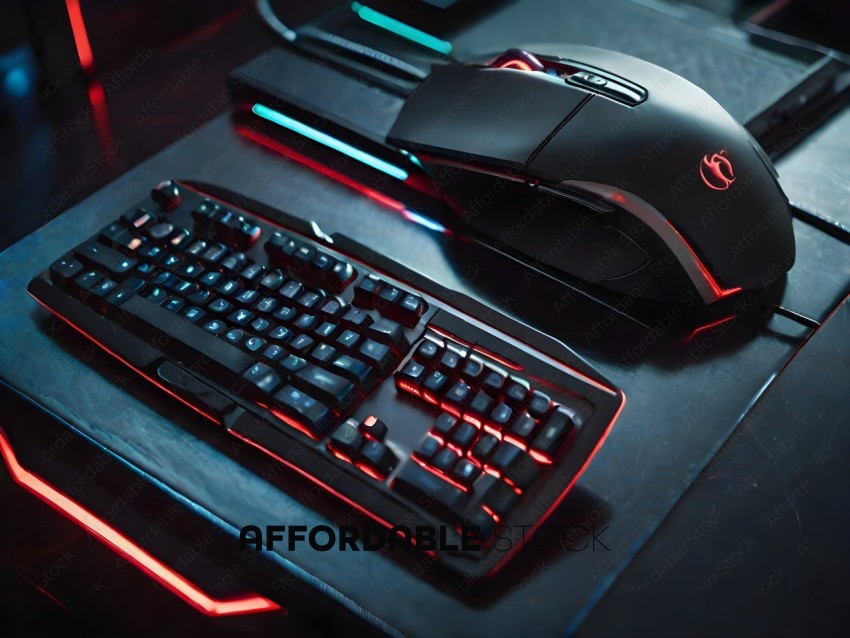A black and red keyboard with a mouse