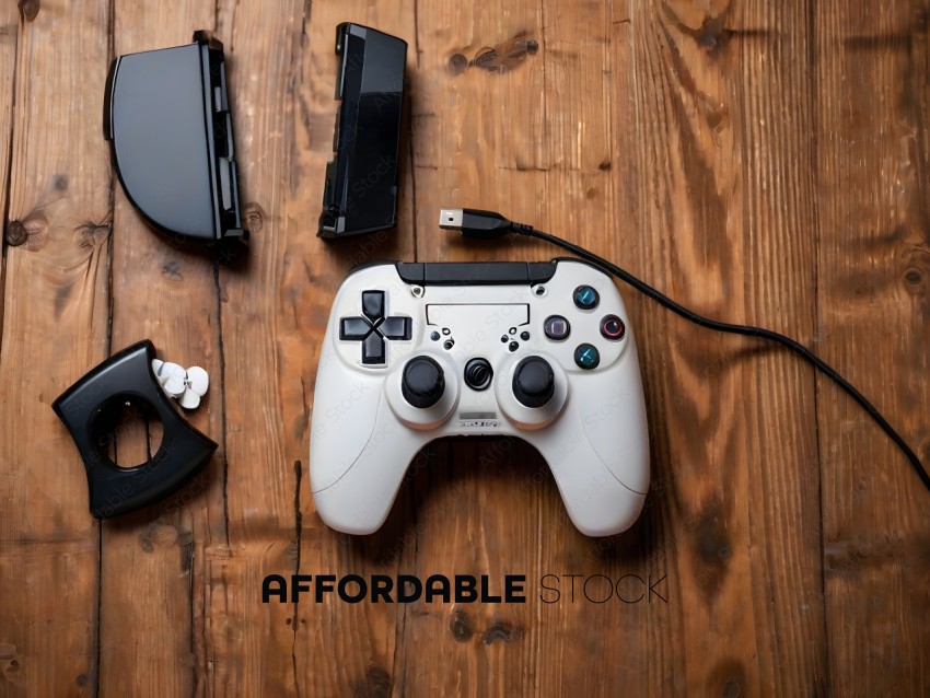 A white video game controller with a black cord and a black controller