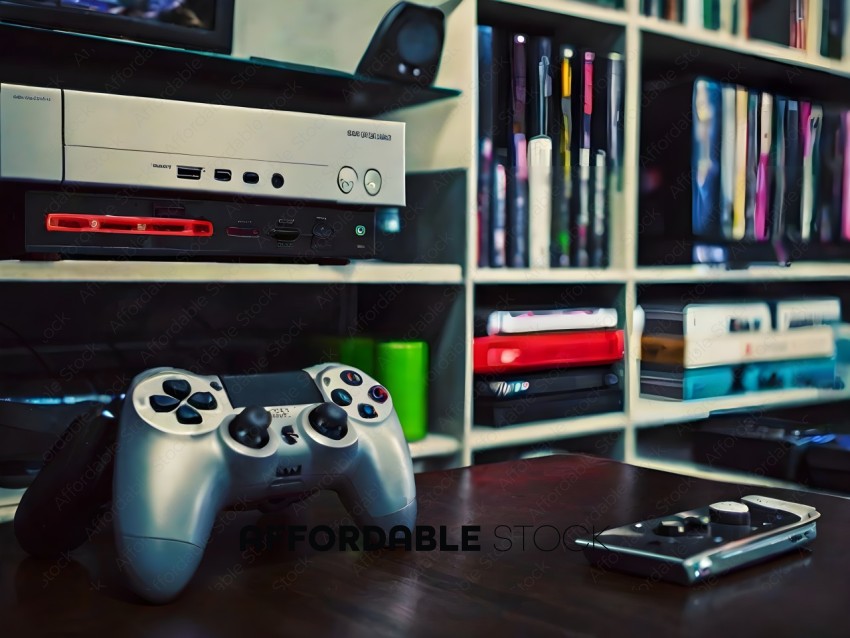 A collection of video game controllers and books