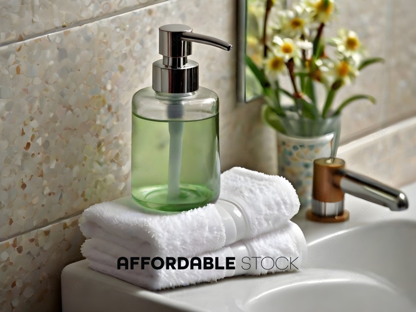 White Towels and Green Soap on Bathroom Sink