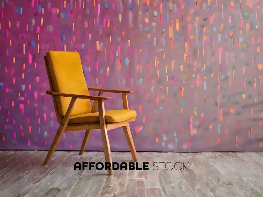 A yellow chair in front of a colorful wall