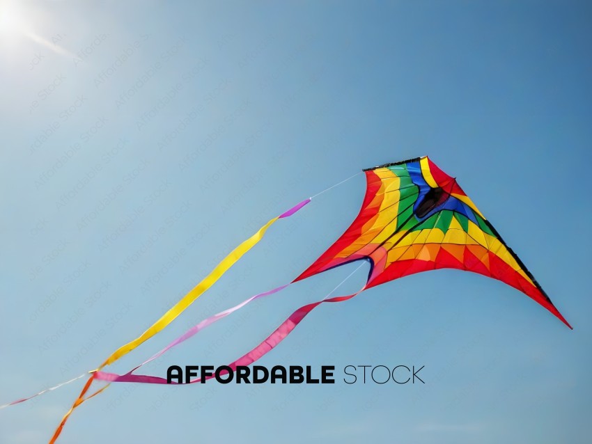 A rainbow kite with a long tail flies in the sky