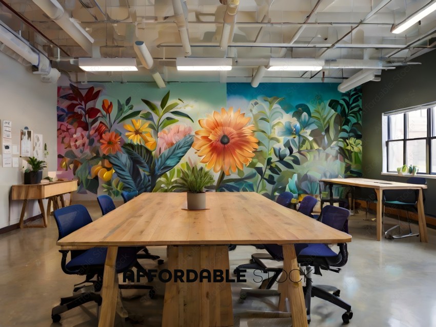 A table with a flower mural and a potted plant
