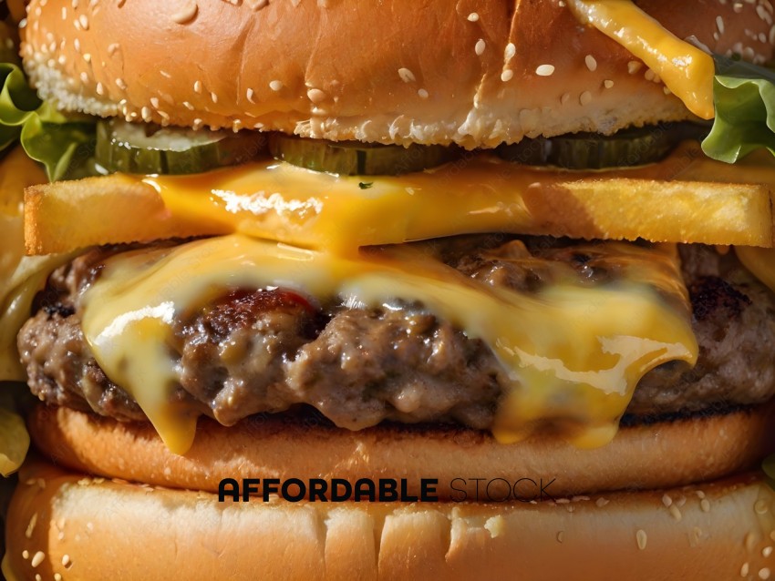 A close up of a cheeseburger with a lot of cheese