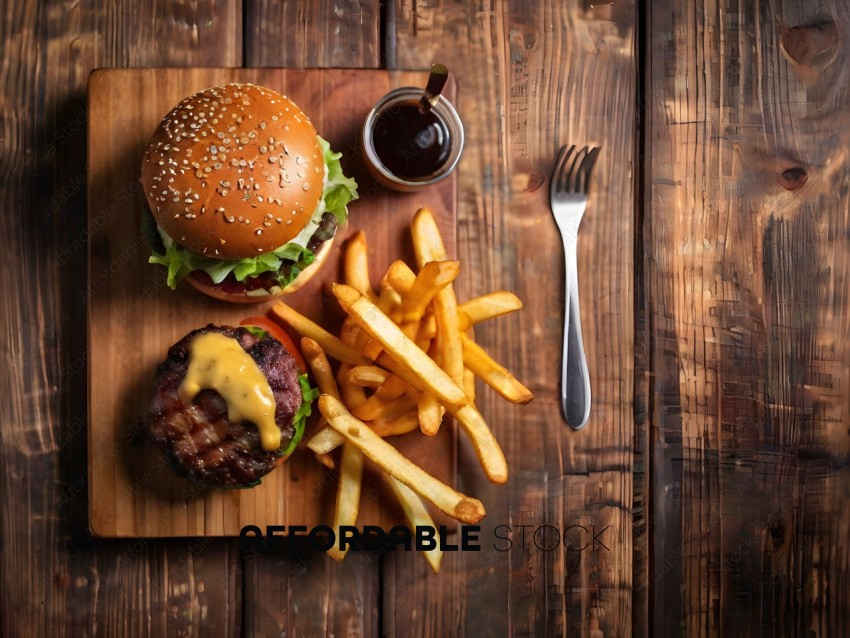 A burger and fries on a wooden cutting board with a fork and knife