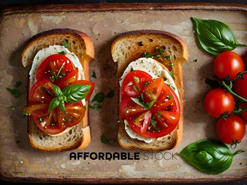 Two slices of bread with tomatoes and basil