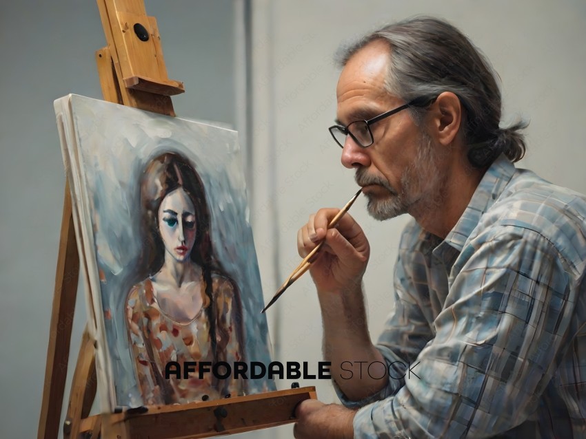 Man in plaid shirt painting a portrait