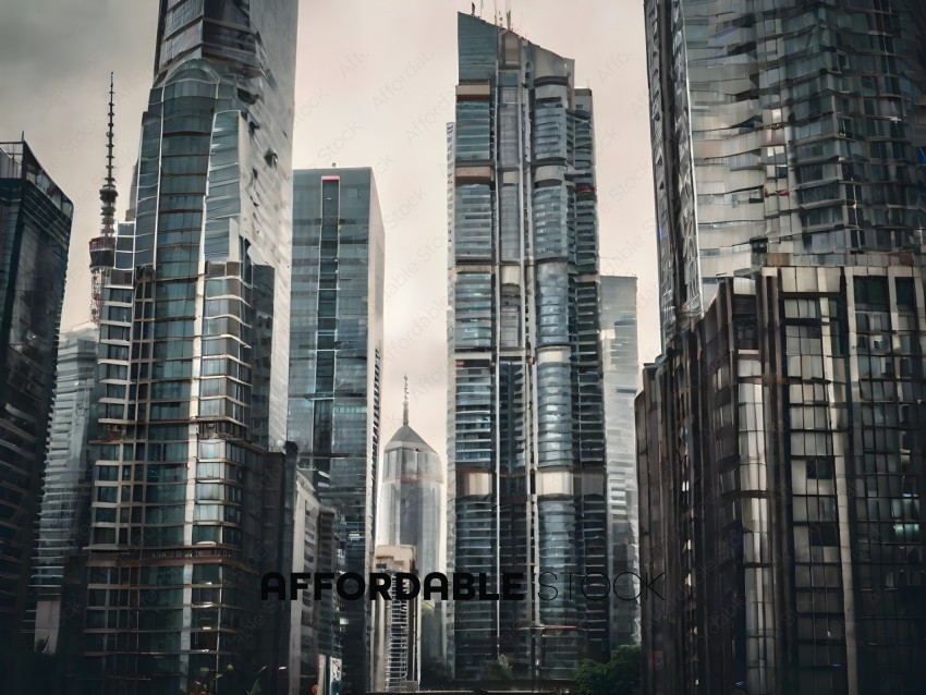 Tall buildings in a city with a cloudy sky