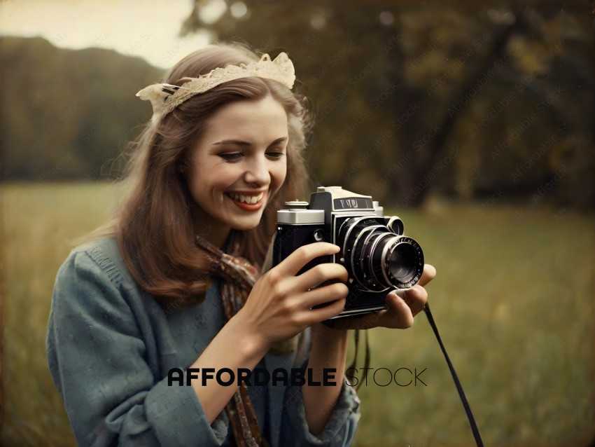 A woman in a green dress smiles while holding a camera