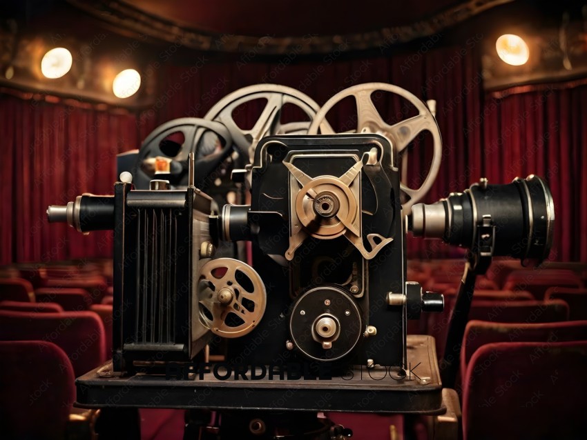An old fashioned movie projector with a red curtain in the background