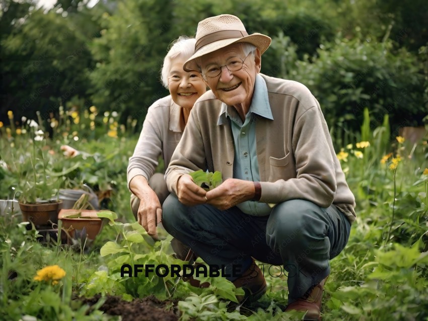 An elderly couple crouching in a garden