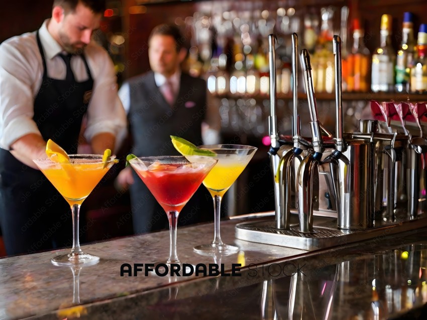 Bartender standing behind three cocktails