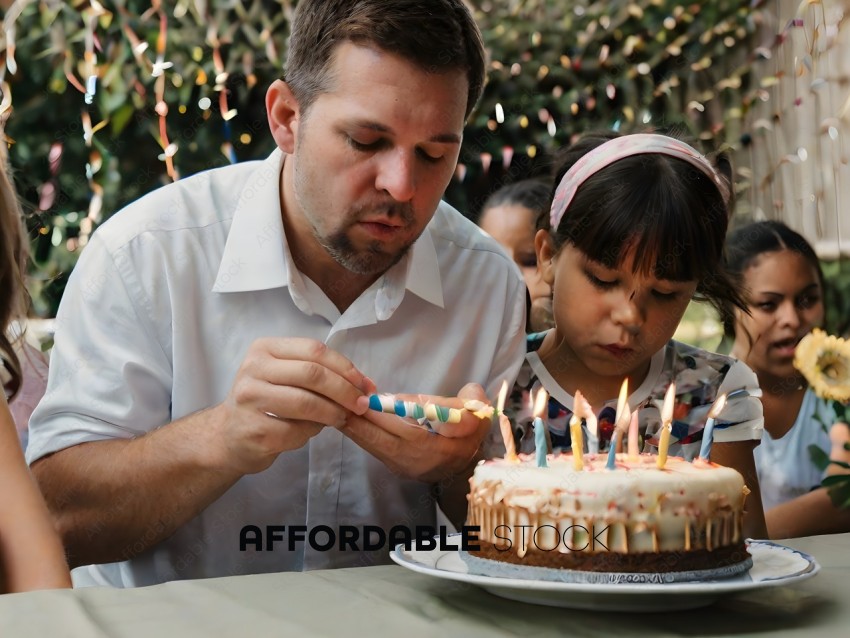 A man and a young girl are blowing out candles on a cake