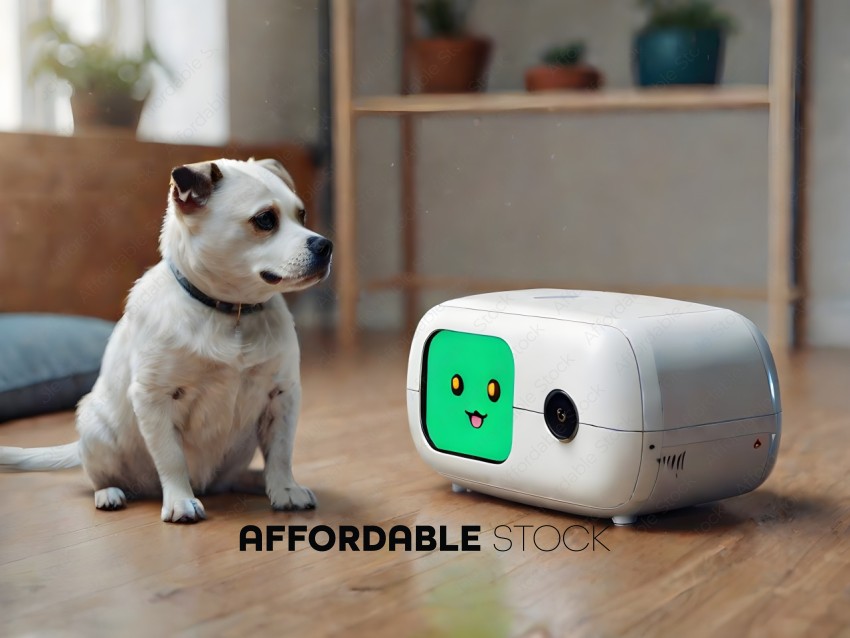 A dog sitting on the floor next to a small electronic device with a face on it
