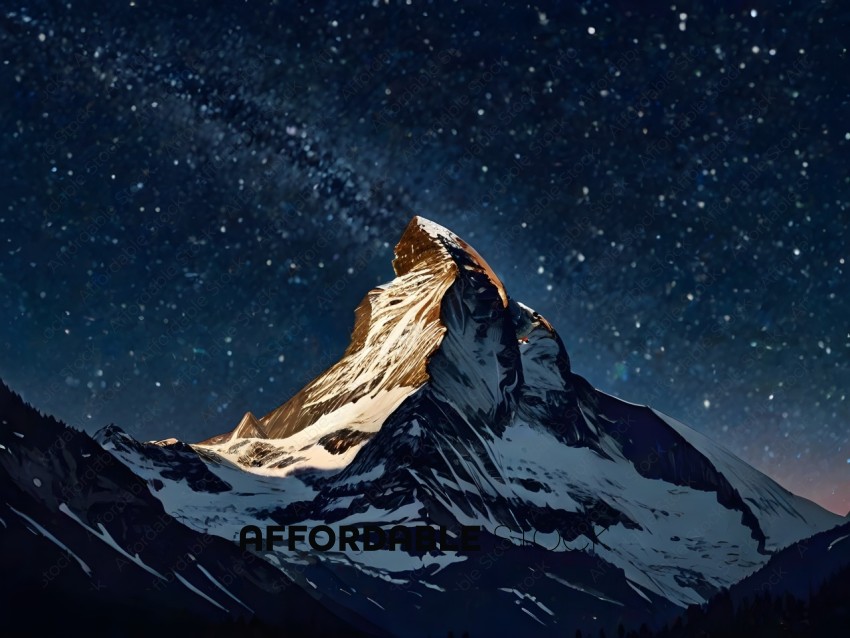 A mountain with a starry sky in the background