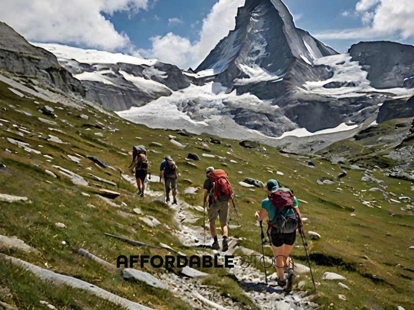 Hikers on a mountain trail with a large mountain in the background