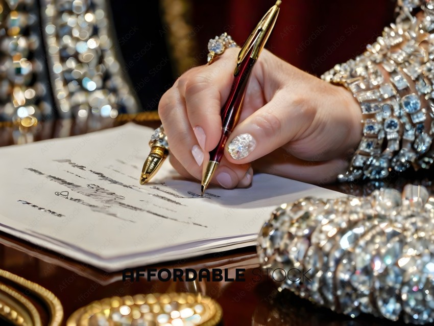 A person writing with a pen and wearing jewelry
