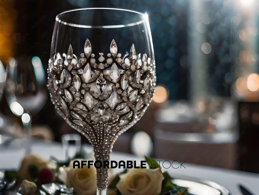 A glass of wine with a flower design on it