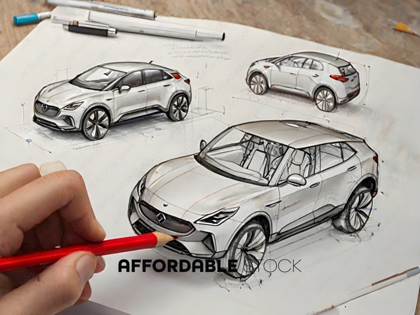 A person is drawing a car on a piece of paper