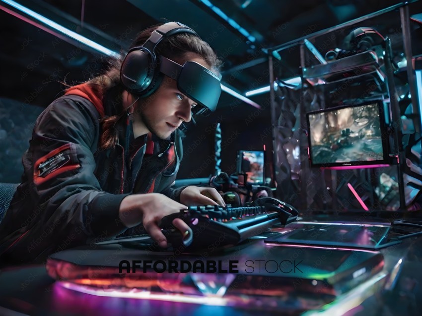 Man wearing headphones and playing video games