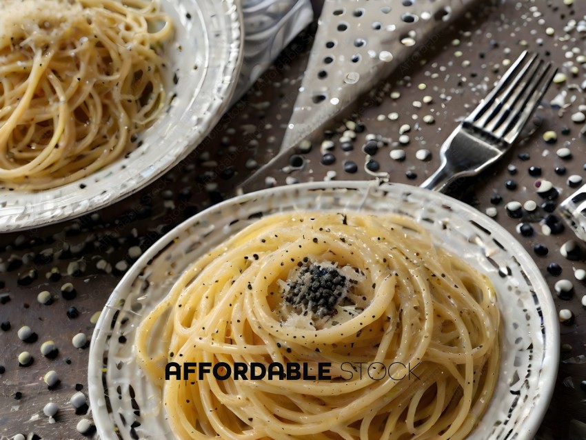 A close up of a plate of spaghetti with black pepper on top